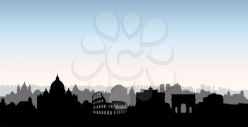 Rome city skyline. Italian urban landscape landmark silhouette. Rome urban architectural background. Cityscape with famous buildings. Travel Italy card