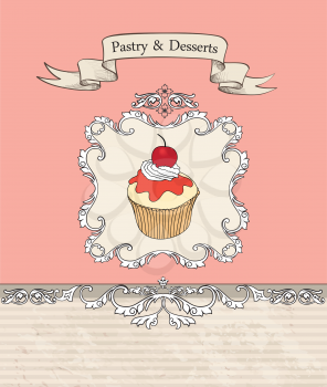 Vintage Cakes Bacground. Retro Bakery Label. Sweets and Desserts Menu. Vector Poster.
