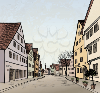 Pedestrian street in the old european city with tower on the background. Historic city street. Hand drawn sketch. Vector illustration. 