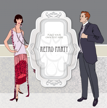 Retro party invitation design. Flapper girl and man over vintage background with copy space in 1930s style.