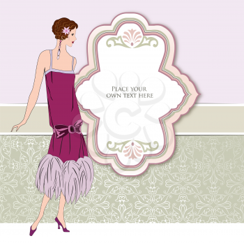  Retro party invitation design. Flapper girl over vintage background with copy space in 1920s style.