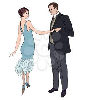 Couple on party. Man and woman in cocktail dress in vintage style 1920's. Portrait of an attractive flapper girl with her boyfriend. Retro fashion vector illustration isolated on white background. 