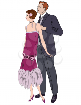 Couple on party. Man and woman in cocktail dress in vintage 1920s style. Retro party illustration. 