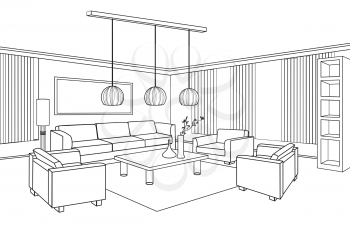 Living room view. Interior outline sketch. Furniture blueprint.