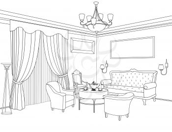 Interior outline sketch. Furniture blueprint. Architectural design. Living room