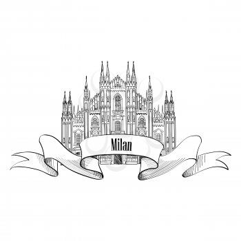 Milan symbol. Travel Italy icon. Hand drawn sketch. Duomo cathedral in Milan 