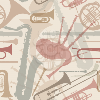 Abstract Music Background. Seamless texture with musical instruments. Musical tiled pattern.