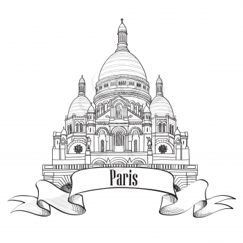 Paris landmark The Basilica of the Sacred Heart of Paris building. Montmartre symbol. Travel Paris engraved sign. Hand drawn sketch.