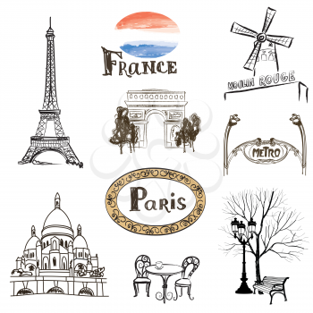 Paris icons set. Hand-drawn  sketch of France landmarks: Eiffel Tower Basilica of the Sacred Heart of Paris lamppost fashion Arc de Trimphe Moulin Rouge and outdoor restaurant