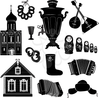 Russian icons. Travel silhouette symbols. Object collection. Discover Russia signs.
