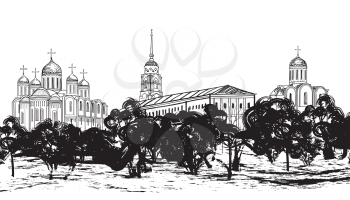 Old russian town landscape hand drawn vector illustration. View of Vladimir cityscape. Ancient City. The Golden Ring of Russia. 