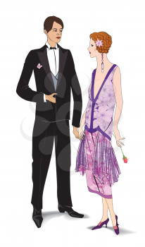 Couple on party. Man and woman in cocktail dress in vintage style 1920's. Portrait of an attractive flapper girl with her boyfriend. Retro fashion vector illustration isolated on white background.