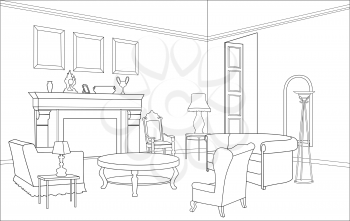 Drawing-room. Editable vector illustration of an outline sketch of a interior. Graphical hand drawing interior.