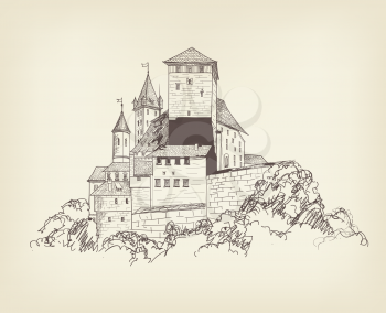 Ancient castle landscape engraving. Tower building sketch skyline