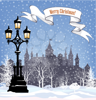 Winter holiday snow background. Merry Christmas greeting card. Snowy city wallpaper. 
