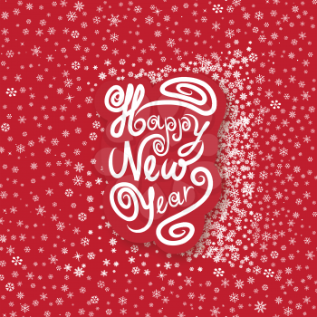 Christmas greeting card over snowflakes seamless pattern. Snow background. Happy New Year wallpaper.