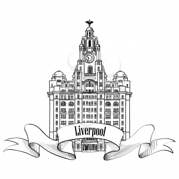 Travel England sign. Liverpool Liver Building, UK, Great Britain. English city famous building. Vector label isolated.