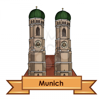 Munich city label. Munich Cathedral, Liebfrauenkirche in Munich/ Travel Germany emblem. Bavaria capital sign.