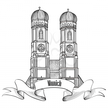 Munich city label. Munich Cathedral, Liebfrauenkirche in Munich/ Travel Germany emblem. Bavaria capital sign.