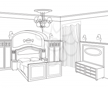 Bedroom furniture. Retro style room. Editable outline sketch of a interior. Graphical interior.