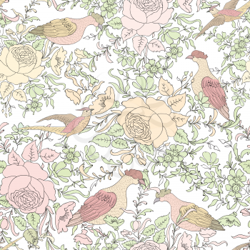 Flowers and birds. Floral seamless background. Flower pattern.