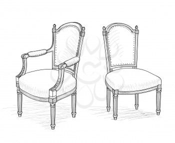 Furniture set. Interior detail outline collection: chair and armchair in equal retro style