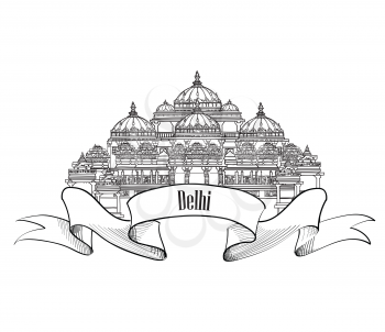 Delhi travel label.  Indian Landmark symbol. Akshardham, Delhi, India.