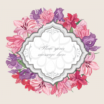 Floral frame. Flower bouquet background. Vintage flourish spring card or cover.
