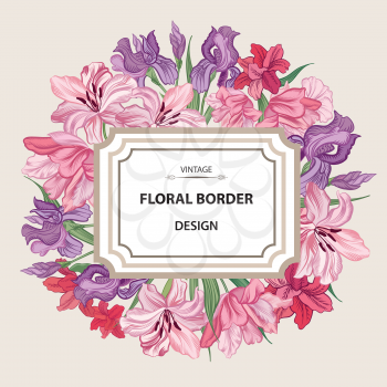 Floral border. Flower background. Vintage flourish spring card or cover.