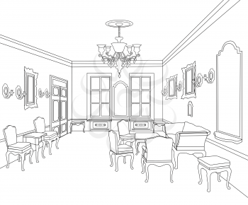 Interior outline sketch. Furniture blueprint. Architectural design. Living room