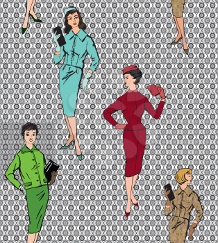 Stylish fashion dressed girls (1950's 1960's style): Retro fashion party. vintage fashion silhouettes from 60s.
