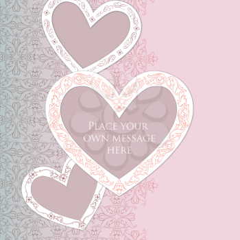 Valentine's day greeting card with love hearts pattern. Romantic date card with hearts rain background.