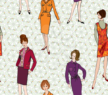 Vintage dressed girl 1960's style. Retro fashion party seamless pattern.