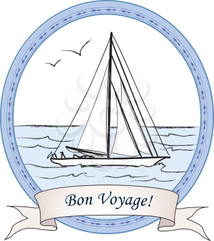 Bon Voyage vintage travel card. Yacht in ocean banner. Nautical Sea icon. Vector illustration sketch of boat in the sea.