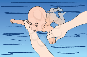 Baby swims. Swimming lesson