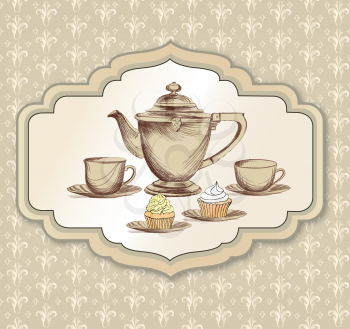 Tea cup, pot, kettle retro card. Tea time vintage label set. Hot drinks