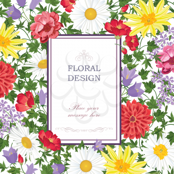 Floral background. Flower bouquet vintage cover. Flourish summer festive card with copy space.