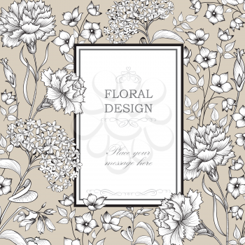 Floral background. Flower bouquet border. Floral vintage cover. Flourish card with copy space.