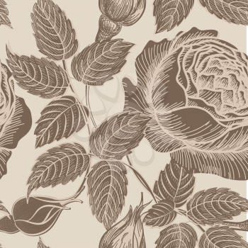 Floral seamless pattern. Flower background in retro style. Floral hand drawn sketch seamless texture with flowers roses.