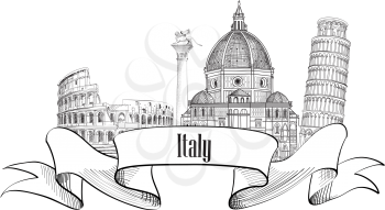 Italy architectural sign. Travel Italy label. Italian famous cities skyline.