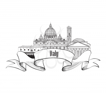 Italy architectural sign. Travel Italy label. Italian famous cities skyline.