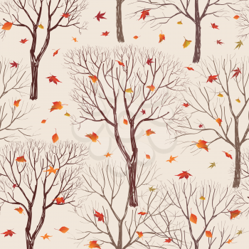 Autumn forest pattern. Fall leaves and trees seamless background. Vintage Christmas elements. Plant floral seamless pattern background. Editable vector texture.
