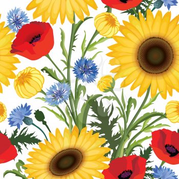 Floral seamless pattern. Flower poppy, sunflower, cornflower weadow background. Floral tile ornamental texture with flowers. Summer  flourish garden