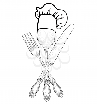 Cook hat over Spoon, Fork, Knife hand drawing sketch label. Cutlery icon collection.  Vector Catering outdoor events and restaurant service insignia. Restaurant symbol chef cook hat.