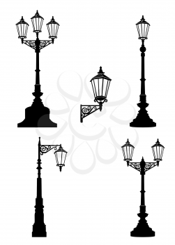 Street lamp set. Street lights. City retro streetlignt silhouette.