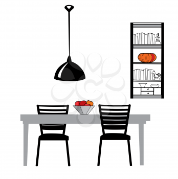 Kitchen furniture set: table, chairs, lamp and cupboard  Dining Room Interior Vector Illustration