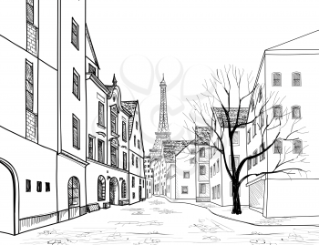 Paris street. Cityscape - houses, buildings and tree on alleyway with Eiffil tower on background. Old city view. Medieval european city landscape. Pencil drawn vector sketch
