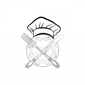 Chef cook hat with fork and knife hand drawing sketch label. Cutlery icon. Vector Catering and restaurant service insignia. Restaurant symbol chef cook hat.