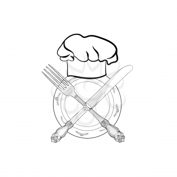 Chef cook hat with fork and knife hand drawing sketch label. Cutlery icon. Vector Catering and restaurant service insignia. Restaurant symbol chef cook hat.