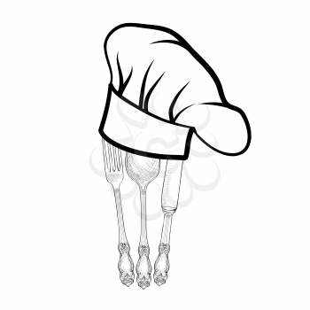Chef cook hat with fork, spoon and knife hand drawing sketch label. Cutlery icon. Vector Catering and restaurant service insignia. Restaurant symbol chef cook hat.